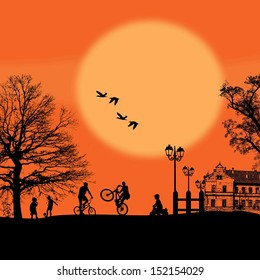 Vector design background with beautiful landscape and childrens silhouettes