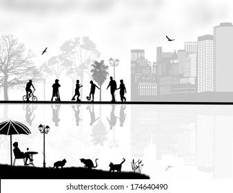 Vector design background with beautiful landscape and people silhouette with reflection on water