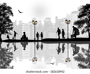 Vector design background with beautiful landscape and people silhouette with reflection on water