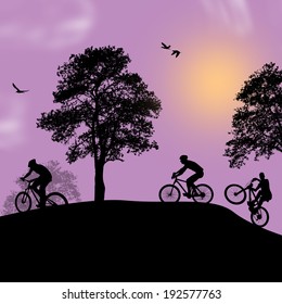 Vector design background with beautiful landscape and cyclists silhouettes