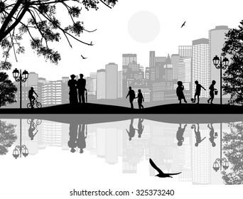 Vector design background with beautiful landscape and people silhouette with reflection on water