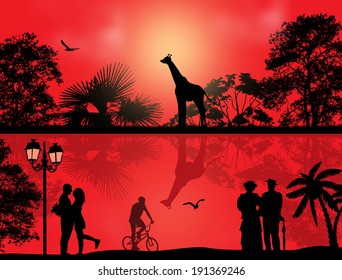 Vector design background with beautiful safari park and people silhouette with reflection on water