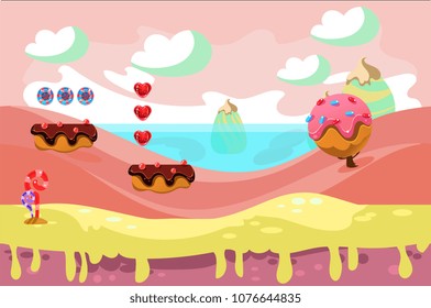 Vector design for background of fantasy game. Sweet land. Fairy tale landscape with chocolate glazed blocks, candies, ice-cream tree and whipped cream