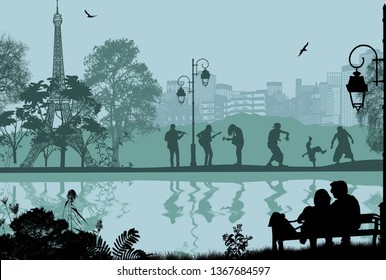 Vector design background with Paris cityscape and people silhouettes with reflection on water