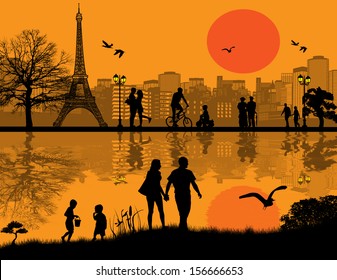 Vector design background with Paris cityscape and people silhouette with reflection on water