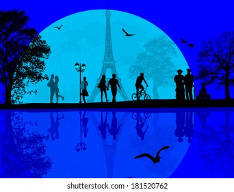 Vector design background with Paris cityscape and people silhouette with reflection on water