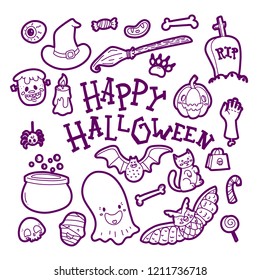 Vector design of background with simple purple icons of spooky and magical things and wish Happy Halloween