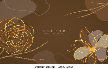 Vector design background. Vector design background text with flower golden line art in brown background. Vector illustration flower art background.
