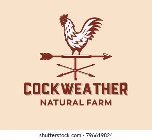 vector design of badge, logo cock weather, rooster wind direction, farm, poultry, in vintage rustic style