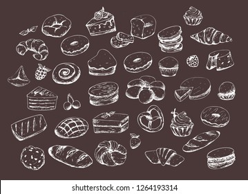 Vector design for bakery or baking shop with hand drawn bread illustration. Bakery sketch set. Vintage Illustration.