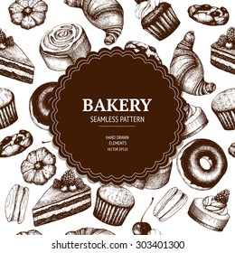 Vector design for bakery or baking shop with hand drawn bread and pastries illustration. Vintage bakery sketch background. Seamless pattern.