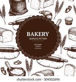 Vector design for bakery or baking shop with hand drawn bread illustration. Vintage bakery sketch background. Seamless pattern.