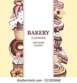 Vector design for bakery or baking shop with hand drawn dessert illustration. Vintage bakery sketch background. Menu template.