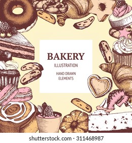 Vector design for bakery or baking shop with hand drawn dessert illustration. Vintage bakery sketch background. Menu template.