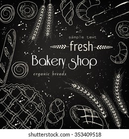 Vector design for bakery or baking shop with hand drawn bread illustration. Vintage bakery sketch background.