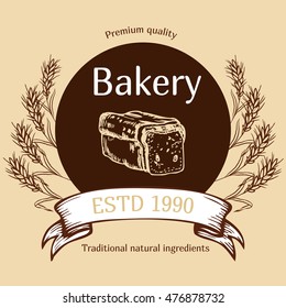 Vector design for bakery or baking shop  emblem with hand drawn bread illustration. Bakery and bread logo  for bakery shop. For signage, logos, branding, label, product packaging.