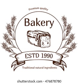 Vector design for bakery or baking shop  emblem with hand drawn bread illustration. Bakery and bread logo  for bakery shop. For signage, logos, branding, label, product packaging.