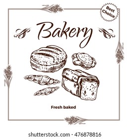 Vector design for bakery or baking shop  emblem with hand drawn bread illustration. Bakery and bread logo  for bakery shop. For signage, logos, branding, label, product packaging.