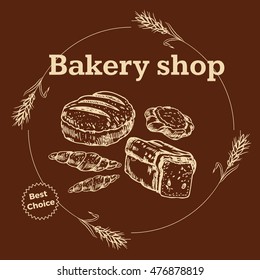 Vector design for bakery or baking shop  emblem with hand drawn bread illustration. Bakery and bread logo  for bakery shop. For signage, logos, branding, label, product packaging.