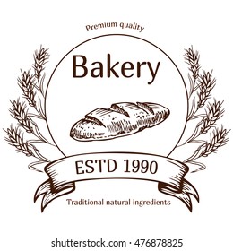 Vector design for bakery or baking shop  emblem with hand drawn bread illustration. Bakery and bread logo  for bakery shop. For signage, logos, branding, label, product packaging.