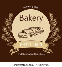 Vector design for bakery or baking shop  emblem with hand drawn bread illustration. Bakery and bread logo  for bakery shop. For signage, logos, branding, label, product packaging.