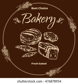 Vector design for bakery or baking shop  emblem with hand drawn bread illustration. Bakery and bread logo  for bakery shop. For signage, logos, branding, label, product packaging.