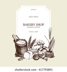 Vector design for baking shop with hand drawn bread and cereal crops illustration. Vintage bakery sketch template. Farm fresh and locally grown organic products.