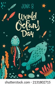 Vector design of banner with different marine animals and plants and text World Oceans Day June 8