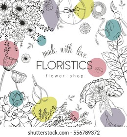 Vector design banner for flower and floristic shop with hand drawn illustration. Vintage bouquet sketch background.