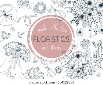 Vector design banner for flower shop and floristic shop with hand drawn flowers illustration. Vintage  bouquet sketch background.