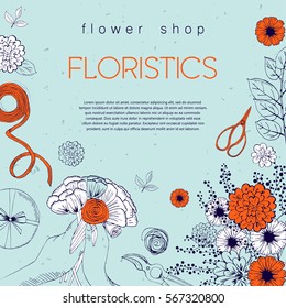 Vector design banner for flower shop and floristic shop with hand drawn flowers illustration. Vintage bouquet sketch background.