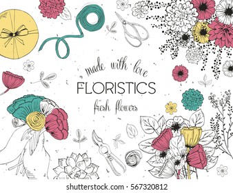 Vector design banner for flower shop and floristic shop with hand drawn flowers illustration. Vintage bouquet sketch background.