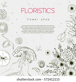Vector design banner for flower shop and floristic shop with hand drawn flowers illustration. Vintage bouquet sketch background.
