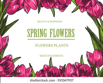 Vector design banner for flower shop and floristic shop with hand drawn flowers illustration. Vintage bouquet sketch background.