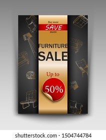 Vector design banner with hand drawn elements, background of furniture and interior store of apartments. Template for promotion, sale, ads, banners and flyers. Flyer with paper element.