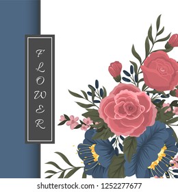 Vector design banner with red roses and blue flowers