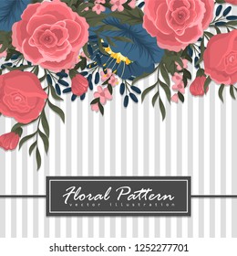 Vector design banner with red roses and blue flowers