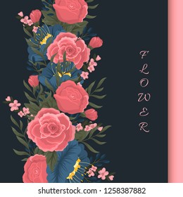 Vector design banner with red roses and blue flowers