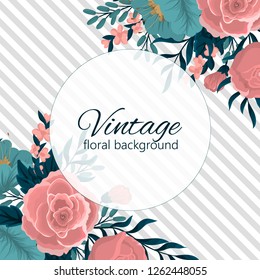 Vector design banner with red roses and blue flowers