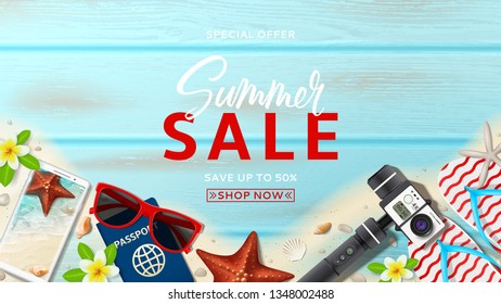 Vector design banner for summer sale. Horizontal background with realistic seashells, starfishes and vacation things on beach sand and wooden texture. Vector illustration with special discount offer.