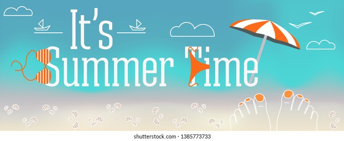 Vector design banner with text It's Summer time. Illustration of feet with nails, shells, swimsuit, parasol, sand, clouds, the beach elements on blue landscape background. The cover of the site.