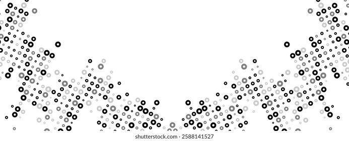 Vector design for banners, posters, websites, social media, presentation. Versatile monochrome abstract background featuring a dot texture. Chaotic mosaic of random particles, linear bagel pattern. 