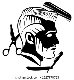 Vector design of the barbershop logo. Flat, monochrome, image of a profile of a bearded man with a delicious hairstyle. Hairdressing tools - scissors, comb and dangerous razor.