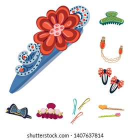 Vector design of barrette and hair symbol. Set of barrette and accessories stock vector illustration.
