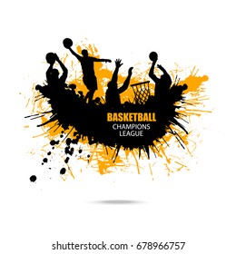 Vector design for basketball, hand drawing, grunge style, splashes. Abstract Ink background.