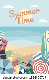 Vector with a design of a beach on a sunny summer day with swimsuits, umbrellas, towel, buckets, shovels, and other typical summer elements