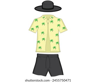 vector design, beach themed clothing design, there is a black hat, a light yellow shirt with a coconut tree motif with green leaves and black shorts