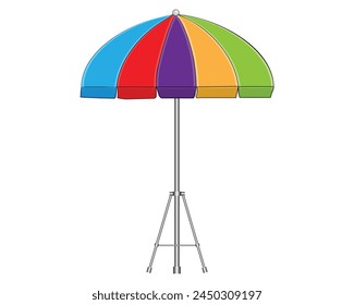 vector design of a beach umbrella in light blue, dark blue and red, yellow and green, then there is a handle or handle made of iron with three legs