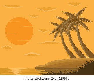 vector design of a beachside view in the afternoon with an orange base color and the sun is about to set and there are three coconut trees