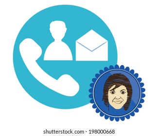 Vector design of beautiful brunette woman, contact icons, phone and envelope. 